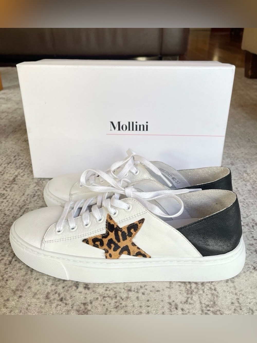 Mollini White Sneakers with Leopard Star and Black Heel